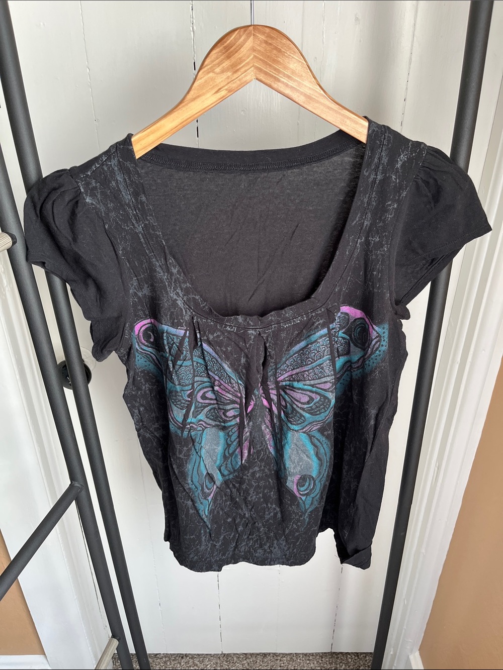 Black Butterfly Print Women's Top